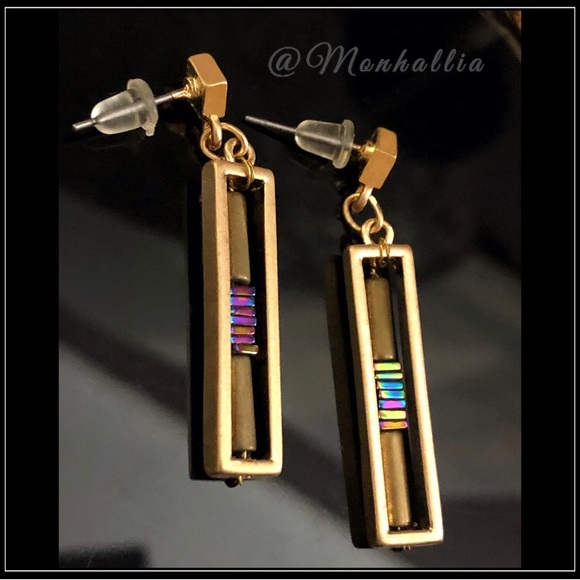None Jewelry - New Gold bronze iridescent crystal bead stone square geometric bohemian earrings